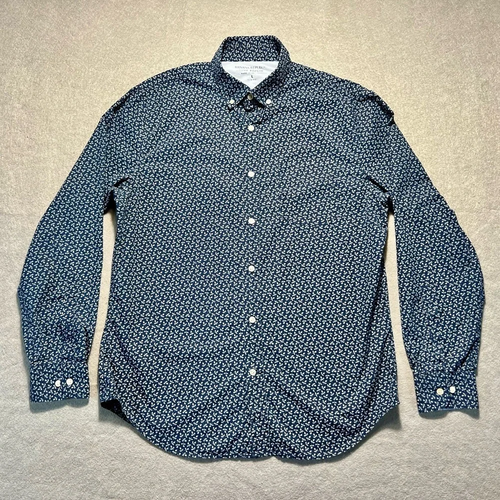 Banana Republic Luxe Poplin Shirt Men’s Large Navy White Leaf Print Cotton